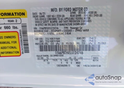 2025 Ford Mustang Ecoboost Premium Fastback z USA, uszkodzony, nr VIN 1FA6P8THXS5124746